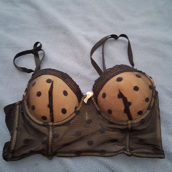 Polka Dot Mesh Underwire Corset  Bra - Black 34B - Picture 1 of 5